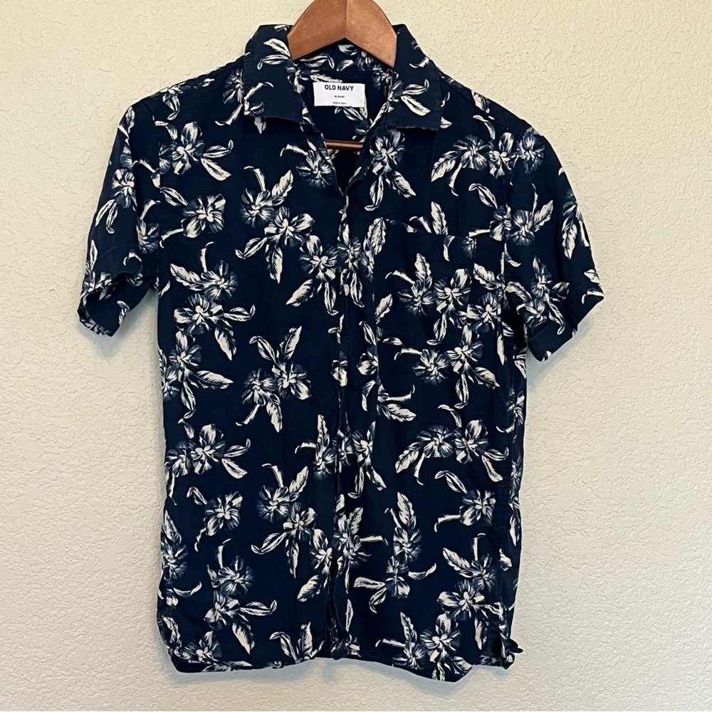 Old Navy Navy & Whote Floral Short-Sleeve Button-Up Shirt Boys X-Large 14-16
